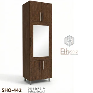 جاکفشی ایستاده آینهدار و کمد ورودی (۳ تکه) | مدل SHO-442 (طرح چوب)